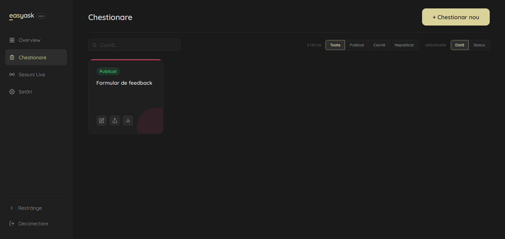 Dashboard chestionare — tema dark